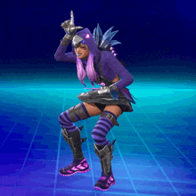 a girl with purple hair and striped socks is dancing in a video game