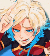 a drawing of a girl with blonde hair and blue eyebrows