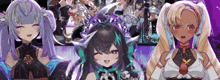 three anime girls are standing next to each other in front of a purple background