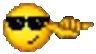 a pixel art illustration of a smiley face wearing sunglasses and pointing .