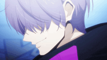 a close up of a man 's face with purple hair