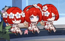 three cartoon characters with red hair and flowers in their hair are sitting next to each other