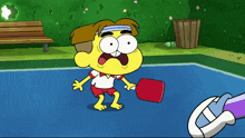 a cartoon character is holding a red paddle