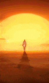 a man riding a horse in the desert at sunset with the sun behind him