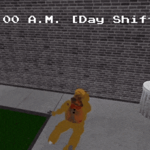 a teddy bear is laying on the ground in front of a brick wall that says 00 a.m.
