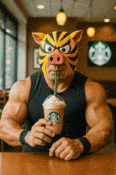a man in a pig mask drinks a starbucks drink