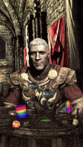 a man in armor sits at a table with a rainbow top hat on
