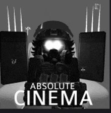 a black and white poster for absolute cinema with a robot