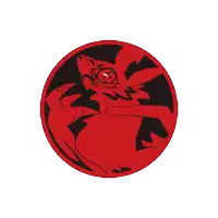 a red circle with a black drawing of a monster in the center