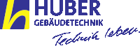 a blue and yellow logo for huber gebäudetechnik with handwriting