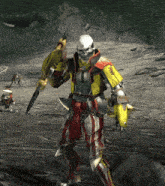 a video game character holding a sword and a shield