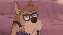a cartoon dog wearing glasses and overalls is being touched by another hand