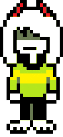 a pixel art drawing of a person wearing a green and yellow shirt and black pants .