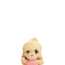 a stuffed doll with blonde hair and orange eyes