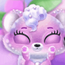 a close up of a purple stuffed animal with a swirl of whipped cream on it 's head .