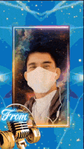a picture of a man wearing a mask and headphones with the word from above
