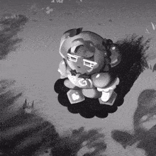 a black and white drawing of a cartoon character with a g on her chest