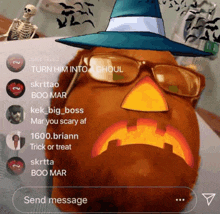 a picture of a pumpkin wearing glasses and a wizard hat with the words turn him into a ghoul on the bottom