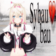 a girl with headphones is holding a pair of scissors in front of a sign that says sylbau bau