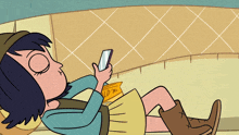 a cartoon girl is laying on the floor looking at her cell phone