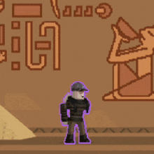 a pixel art drawing of a man standing in front of a wall with the letter g visible