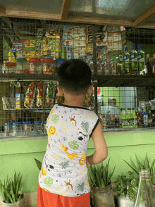a young boy wearing a safari shirt stands in front of a store
