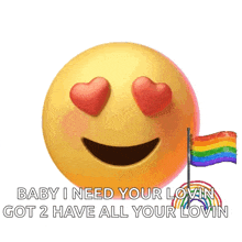 a yellow smiley face with heart shaped eyes and a rainbow flag next to it .