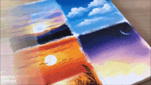 a painting of four different sunsets with the words wow art on the bottom right