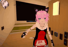 a girl with pink hair is wearing a shirt that says " dook "