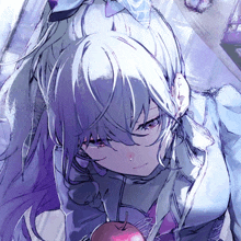 a drawing of a girl with purple hair holding a red apple