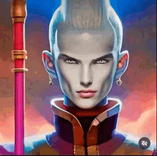 a painting of a woman with a ponytail and a pink stick in her hand .