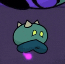 a cartoon drawing of a green monster with a purple light coming out of it 's mouth .