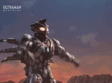 a cartoon character from ultraman is holding a red sword in his hand