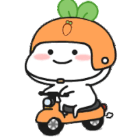 a cartoon character is riding a scooter wearing an orange helmet .
