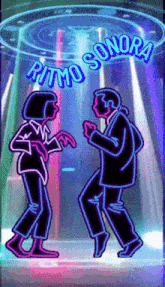 a neon sign of a man and a woman dancing with the words ritmo sonora above them