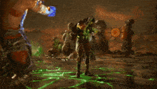a man and a woman are standing next to each other and the woman is surrounded by fire
