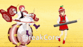 a cartoon of a girl sitting on a drum and another girl playing a piano with the words breakcore written above them