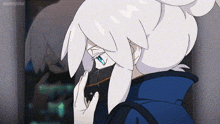 a girl with white hair and blue eyes is wearing a mask and a blue jacket .