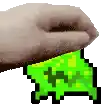 a pixel art of a hand holding a green piece of paper .