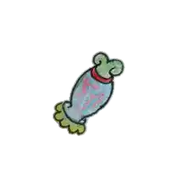 a cartoon drawing of a candy with a red ribbon around it