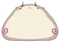 a cartoon drawing of a cat with horns and a swirl around its waist