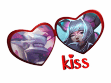 two hearts with a picture of a woman and the word kiss