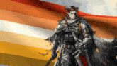 a man with horns holding a sword in front of a flag