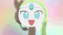 a cartoon character with a blue circle on her forehead is smiling