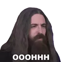 a man with long hair and a beard has the word ooohhh on his face