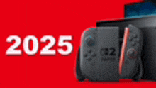 a picture of a nintendo switch on a red background with the year 2025 on it .
