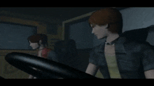 a man with red hair is driving a car with a woman in the back seat