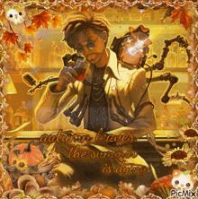 autumn leaves the summer is dying with a man holding a bottle