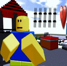 a yellow and blue roblox character with a serious face