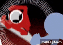 a cartoon of a red monster with a black eye and a blue circle in the middle .